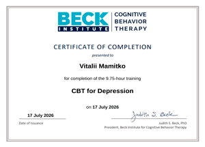 Сертификат о прохождении курса Beck Institute «CBT for Depression» — Виталий Мамитько